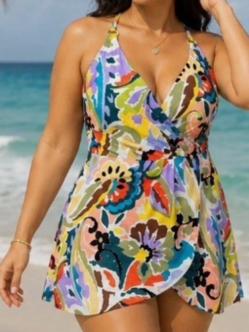 Anne Cole Swimsuit  Size 16W Multi Colors FLoral Faux Wrap